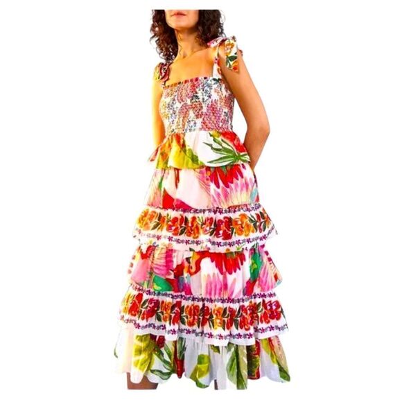 FARM Rio Layered Mixed Print Midi Dress - Picture 1 of 7